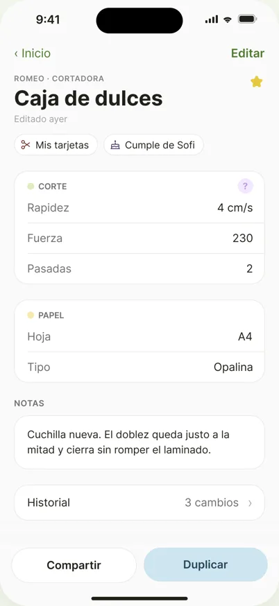 Pantalla del preset Caja de dulces en Sweet Preset, con rapidez 4 cm/s, fuerza 230, 2 pasadas, hoja A4 y papel opalina